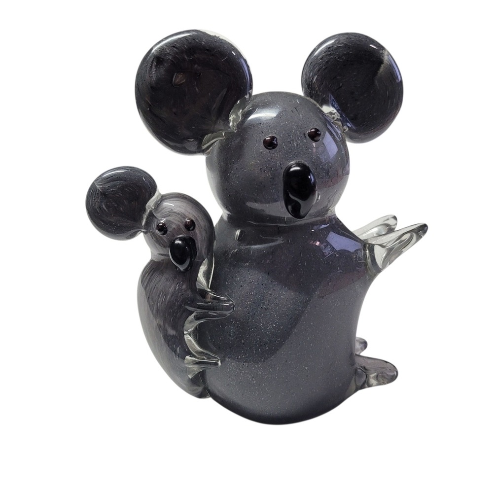 Glass Koala Mom and Baby Figurine Swirling Gray‎ Art Sculpture